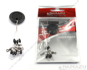 Стопор с вертлюгом Namazu ROLLING SWIVEL PEARL BEADS AND OLIVE RUBBER STOPPER , р. M (уп.4 шт)