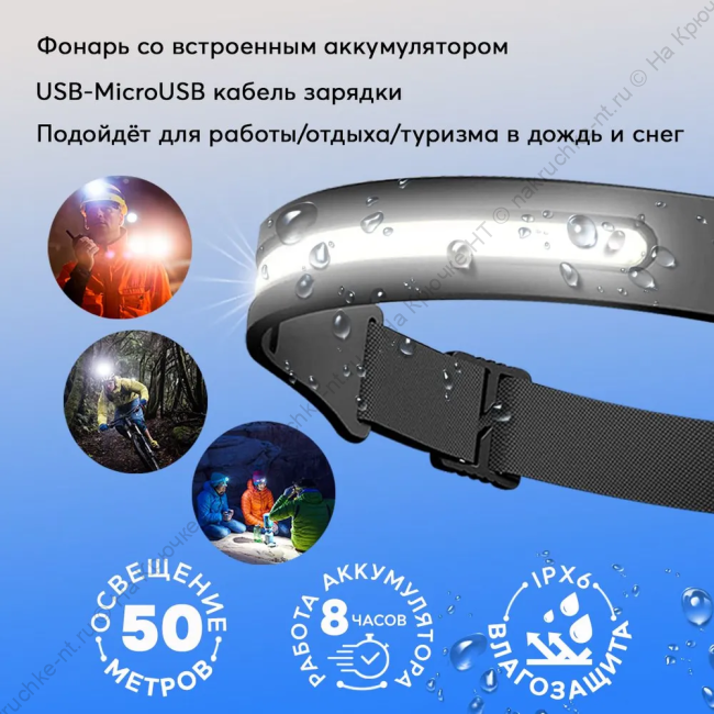 Налобный фонарь аккумуляторный светодиодный с сенсорным датчиком движения 12